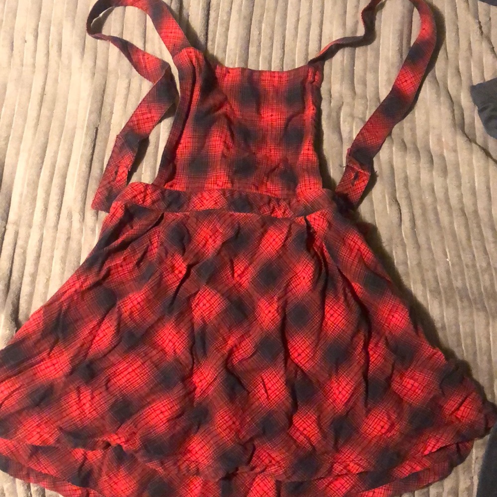 Red Plaid Overall Dress